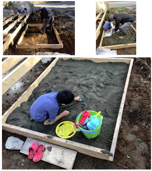子どもと一緒に、庭の砂場づくり